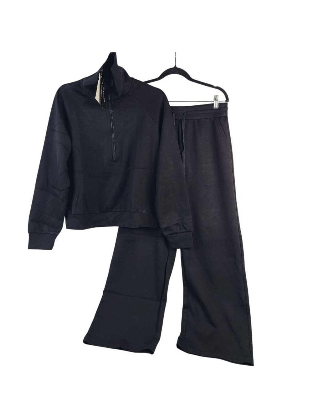Pretty Garden Women 2-Piece Black Lounge Set Quarter-Zip Wide-Leg Pants Sz M